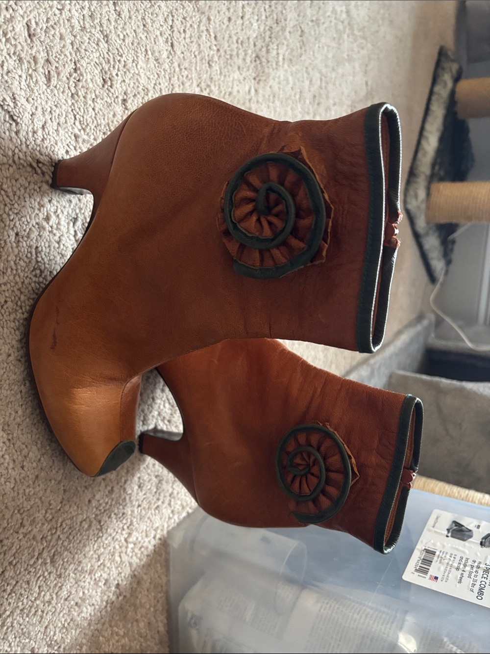 Chie Mihara Tan & Dark Green Leather Ankle Boots with Rosette